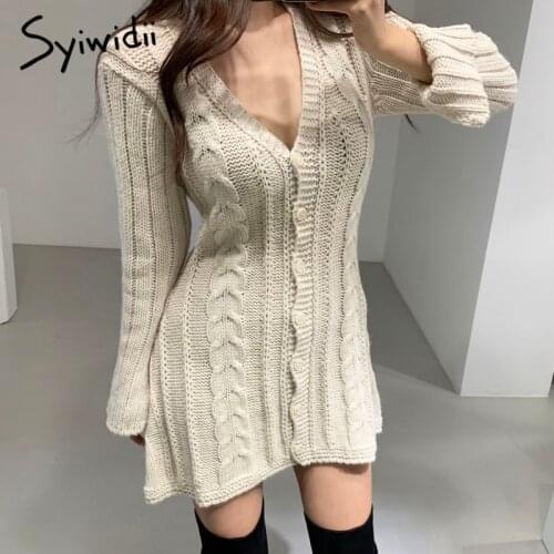 Syiwidii Knitted Dresses for Women Autumn Winter 2021 Korean New Pullover Sexy V-Neck Long Sleeve A Line Button Up Sweater Dress