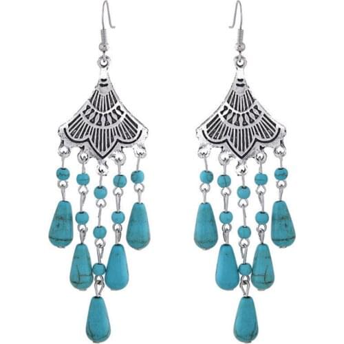 FYJS Unique Silver Plated Water Drop Green Turquoises Stone Dangle Earrings with Tassels Bohemian Style Jewelry