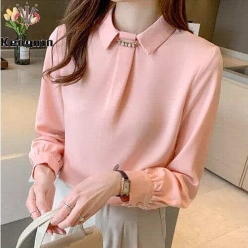 Spring 2021 Autumn Satin White Pink Womens Shirts Long Sleeve Harajuku Rivet Blouse Chiffon Quality Female Tops Cothing KE973
