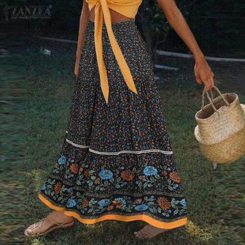 ZANZEA 2021 Fashion Summer Maxi Skirts Womens Printed Sundress Elastic High Waist Vestidos Female Casual Floral Ruffle Robe