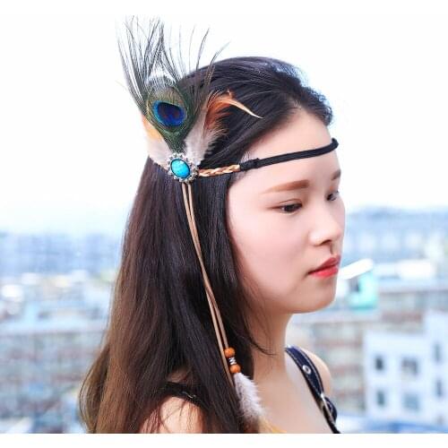 Boho National Headdress for Woman Indian Hand Woven Festival Hair Accessories Peacock Feather Turban Ladies Adjust Hair Bands