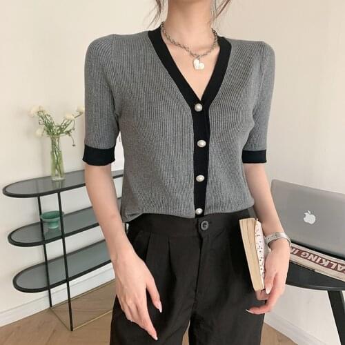 Elegant Slim Cardigan Women Summer 2021 Korean Fashion Vintage Single Breasted Color Block V Neck Short Sleeve Knitted Tops T695