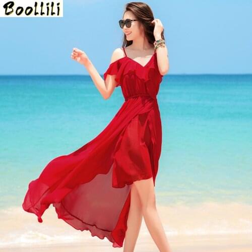 Summer Bohemian Beach Dress for Women Maxi Red Dress Women Spanish Style V-neck Sling Sexy Dress Sundress Chiffon Vestidos