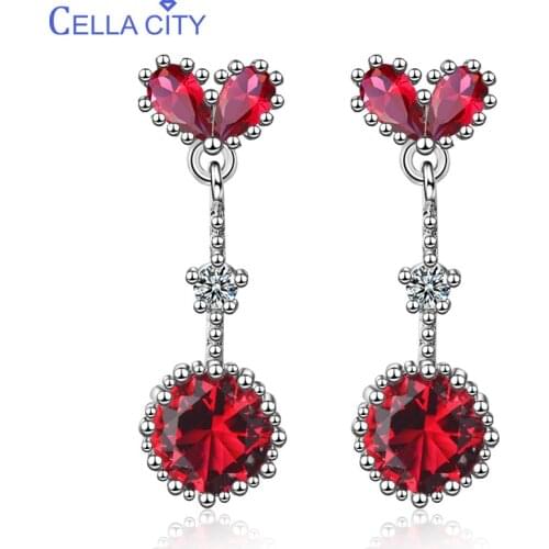 Cellacity Elegant Heart shaped Gemstone Round Silver 925 Jewelry Ruby Ring for Women Sapphire Ear drops Temperament Party Lady
