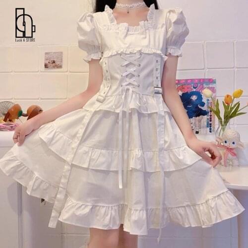 Luck A Womens Lolita Dress Summer Harajuku Gothic Mall Kawaii Cute Ruffle Puff Sleeve Bandage Black Mini Dress 2021