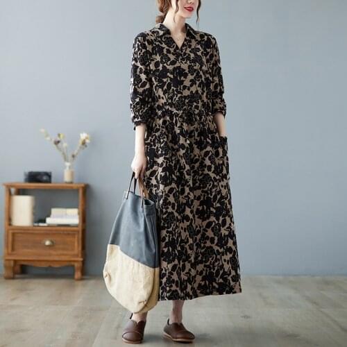 2021 New Arrival Print Floral Vintage Autumn Dress Cotton Linen Pockets Draw String Office Lady Work Dress Women Casual Dress