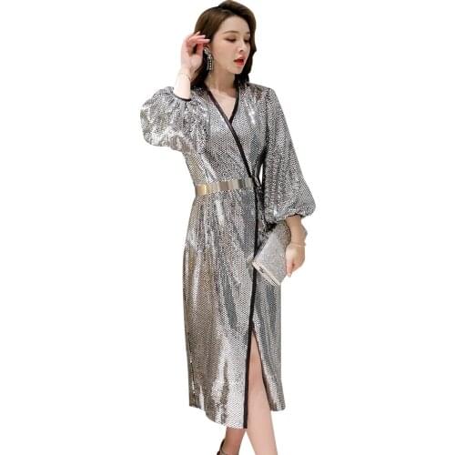 Womens Stiff Bling Bling Elegant Luxury Party Show Dress Sparkle Glitter Silver Metallic Midi Dress Runway