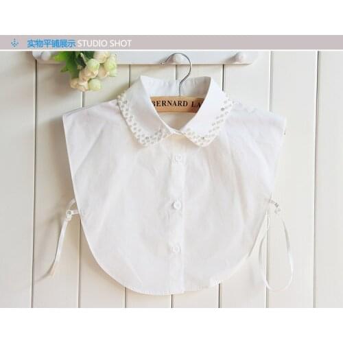 Handmade Bead Winter Female Lace Fake Collar Shirt Female Black Plum Blouse Collar Staple Bead Womens White Shirt