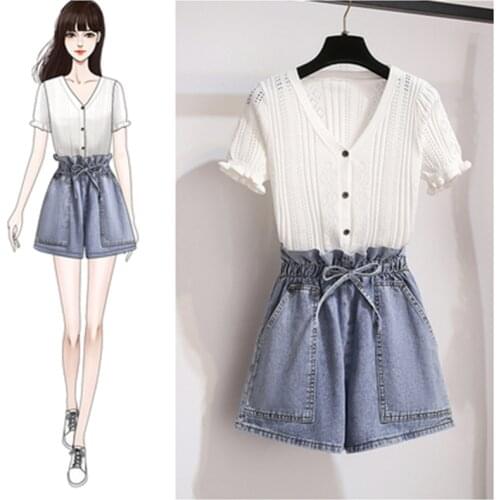 2021 Summer Fashion Students V Neck Single-Breasted Short Knit Tops + Denim Shorts 2 Piece Set Women Wide Leg Hot Pants Suits XL
