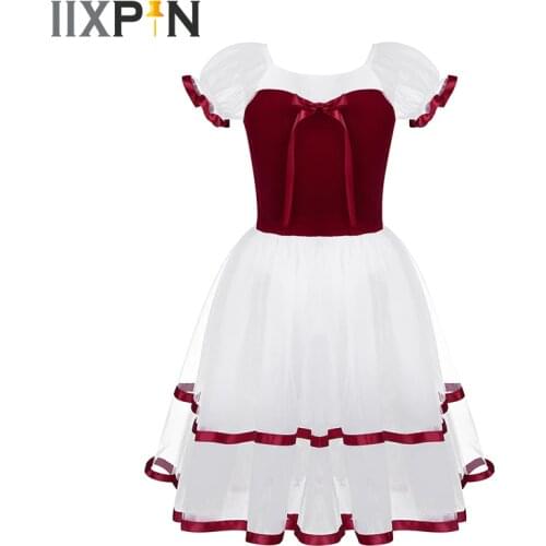 Ballerina Puff Sleeve Ballet Tutu Dress Professional Velvet Long Dress For Children girls ballet dress Princess Dance Costume