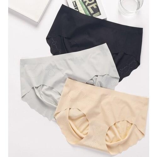 Ice Silk Seamless Bodysuit Underwear Womens Middle Waist Cotton Solid Color Sexy Lingerie Breathable Hollow Out Panties Thong