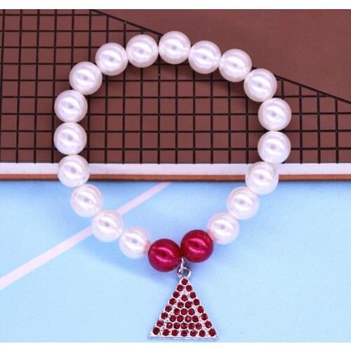 Handmade Elastic Greek Sorority Red CZ Diamond Triangle Delta Bracelets Sorority Pearl Bracelet
