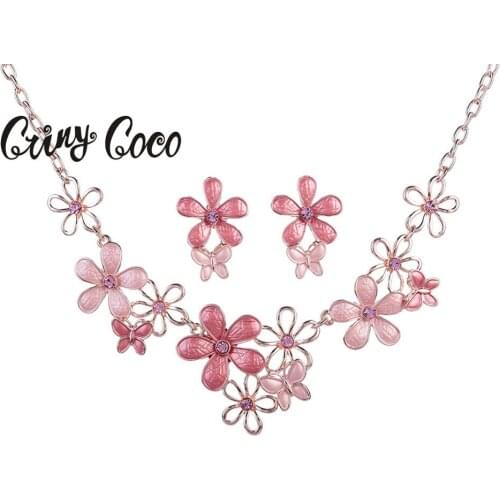 Cring Coco 2019 Dubai Jewelry Sets for Wedding Dress Party Prom Rose Gold Flowers Necklace Set Woman Big Stud Earrings for Women
