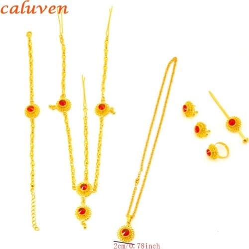 Ethiopian jewelry sets with hair Chain Gold Color stone jewelry sets for Ethiopian/Eritrean/African girls Headchain