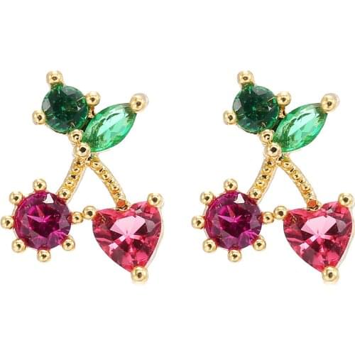 Ins Hot Sale Delicate Cubic Zircon Cute Fruit Stud Earrings for Women 14K Gold Plated Heart LOVE Earrings