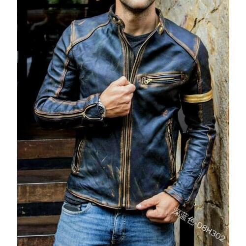 Classical Motorcycle Leather Jackets Mens Spring Autumn New Coat Jacket Slim Youth Stand Collar Punk Coats Stripe Leather Coat