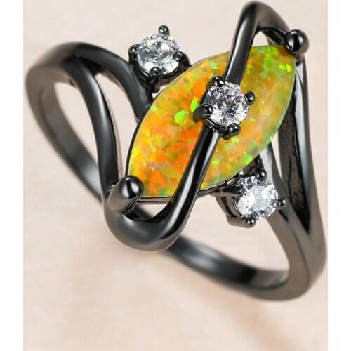 Cute Female Leaf Opal Stone Ring Charm 14KT Black Gold Wedding Rings For Women Promise White Round Zircon Engagement Ring