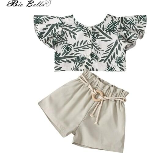 Baby Girls Clothes Sets Summer 2pcs Set Flower Print Ruffled Seeve Tops T-shirt+Belt Shorts Casual Girl Clothes