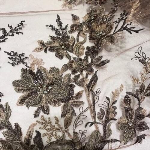 Khaki Handmade Heavy Beaded Swiss Lace African Embroidery Fabric New 2021 French Guipure Floral Tulle for Dress Sewing Material