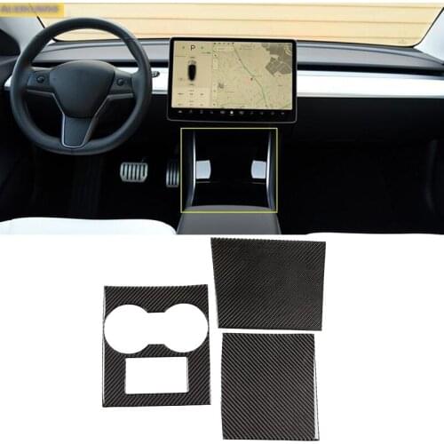 Carbon fiber Multimedia Water Cup Holder Panel Decoration Cover Kit Trim car Accessories For tesla model 3 2018 2019 2020 2021