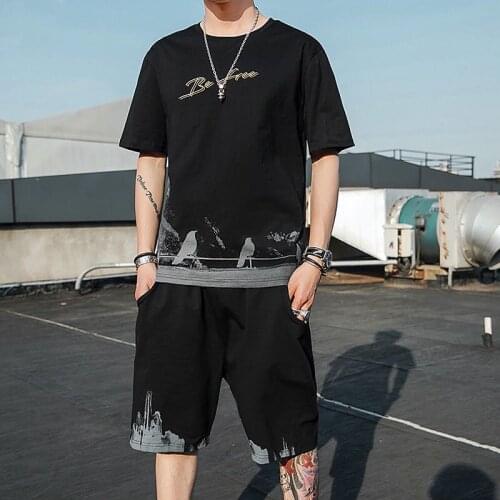 Men Tshirt Pants Suits 2020 Summer Short Sleeve Logo Fashion Trend Ins Loose Cotton T-shirt Print O-neck Tops And Trousers Sets