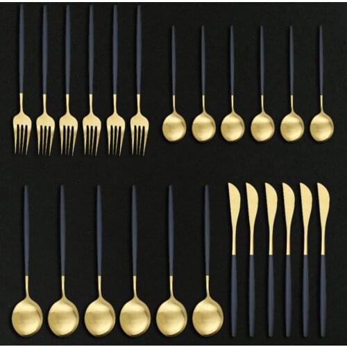 24Pcs Black Gold Matte Stainless Steel Cutlery Set Dinnerware Set Knife Fork Spoon Silverware Kitchen Party Dinner Tableware Set