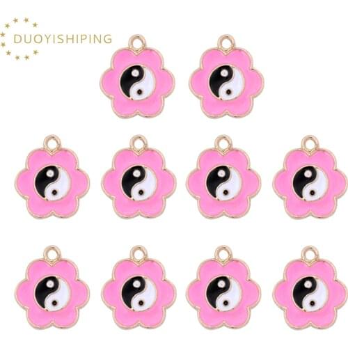 New 10Pcs Enamel Alloy Gossip Flower Charms 17*15mm Drop Oil TaiChi Yin Yang Pendant For DIY Necklace Handmade Craft Accessories