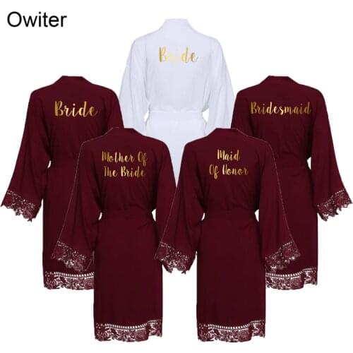 Owiter 2019 New Women Solid Cotton Kimono Robes with Lace Wedding Bride Robe Bathrobe Dressing Sleepwear White Bridesmaid Robes