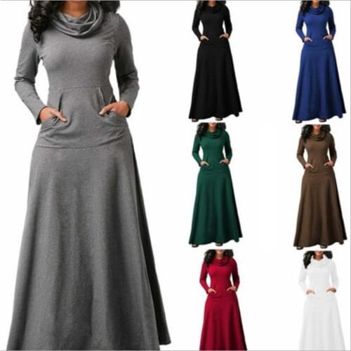 Women Warm Dress With Pocket Casual Solid Vintage Autumn Winter Maxi Dress Robe Bow Neck Long Elegant Dress