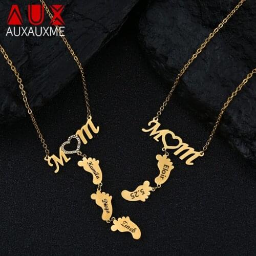 Auxauxme Custom Mom Foot Pendant Necklace Crysatal Zircon Heart Engrave Kids Name Stainless Steel Family Necklace Christmas Gift