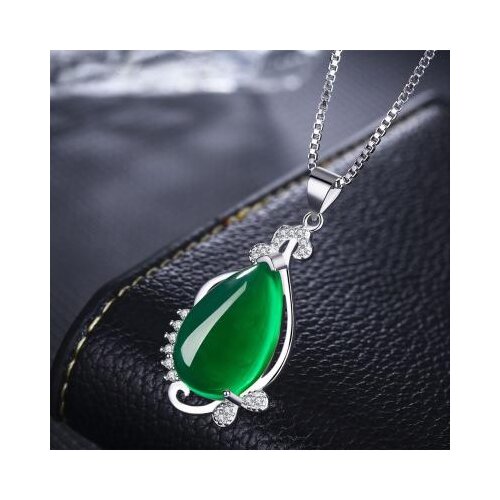 Natural Green Jade Chalcedony Water Drop Agate Pendant 925 Silver Necklace Chinese Carved Fashion Charm Jewelry Amulet for Women