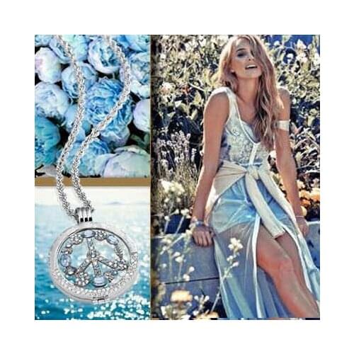 33mm Crystal Peace Coin in Ice Blue stunning set with Silver Color Stainless Steel Pendant and Soprano Chain