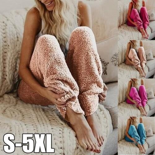 Plus Size Fluffy Plush Long Pants Winter Womens Soft Plush Flannel Pajama Sleep Bottoms Night Wear Solid Color Thicker Trouser