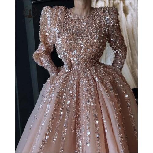 Luxury Vestidos De Novias O Neck Beaded Pearls A Line Rose Gold Long Sleeve Evening Dresses 2022