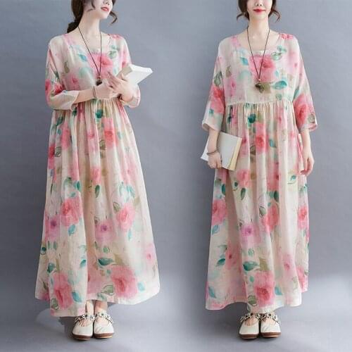 Pink Elegant Floral Dress Ladies Three Quarter Sleeve O-Neck Mid-Calf Casual Pleated Breathable Ramie Beach Dresses Vestidos New