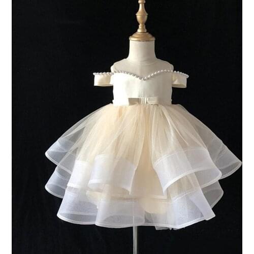 Light Champagne Puffy Flower Girl Dresses Off Shoulder Tiered Tulle Baby Girl Birthday Party Dress