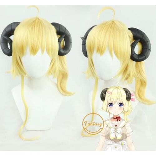 Tsunomaki Watame Vtuber Youtuber Cosplay Wig Heat Resistant Synthetic Golden Long Hair Curly Wigs+ Free Wig Cap