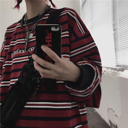 NiceMix Vintage T Shirt Basic Loose Casual Striped Printed Tshirt All Match Simple Long Sleeve Female Causal T-shirts Women Tops