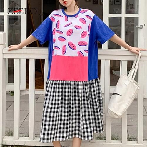 Female Korean Casual Smiley Print Lattice Splicing Color Contrast Loose Dresses for Women Summer Midi Dress Vestido De Mujer