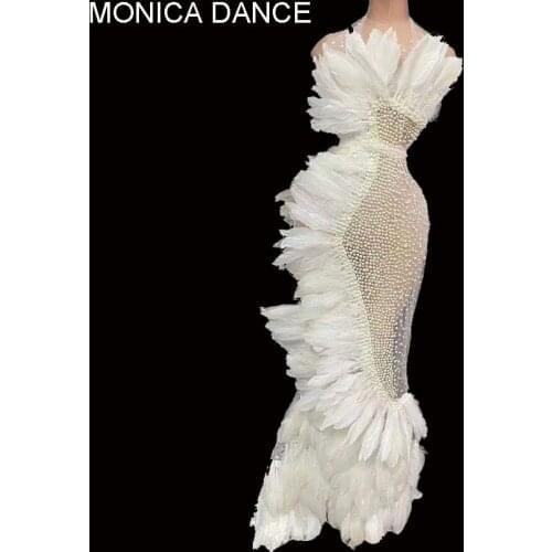 Women Sexy Stage Prom Halter Rhinestone Dress Elegant White Feather Mesh See Through Wedding Party Long Dress Singer Stage Dress