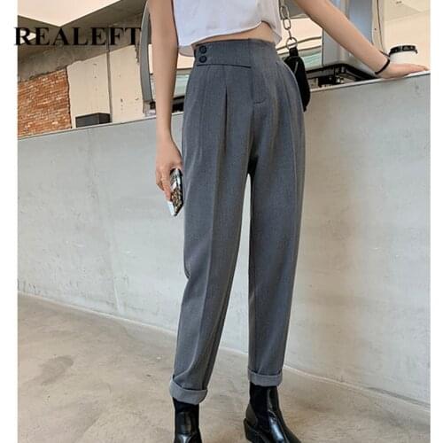 REALEFT 2021 New Autumn OL Style Button Womens Harem Pants High Waist Formal Elegant Office Ankle-Length Pants Pockets Female