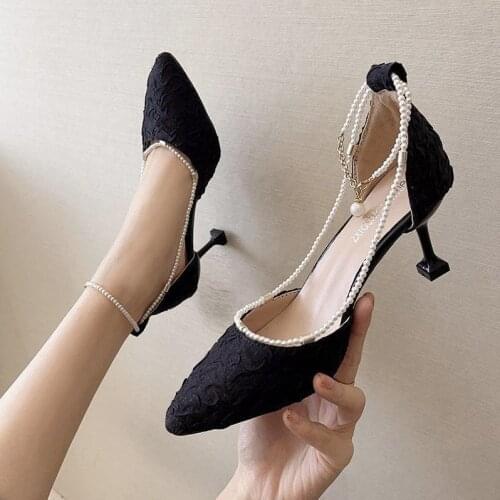 Fairy style pearl Baotou temperament high-heeled shoes female summer new style all-match stiletto gentle wind high-heeled shoes