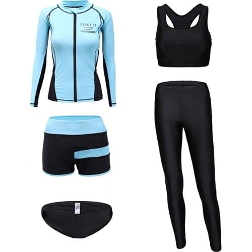 Women 5 Piece Set Zip Shirt Fitness Bra Sports Wear Gym Clothing Workout Set Lycra Rashguards Swimsuit Full Long Sleeve Bathing