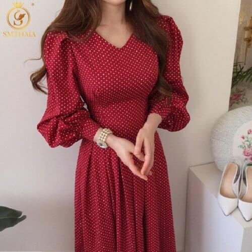 SMTHMA New Fashion Korea Chic Elegant Spring Print Dot Dress Vintage Lantern Sleeve Slim Waist Lace-Up Long Dresses Vestidos
