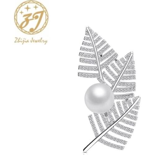 Zhijia silver color crystal rhinestone pearl leaf pins brooches for women jewelry accessories gifts