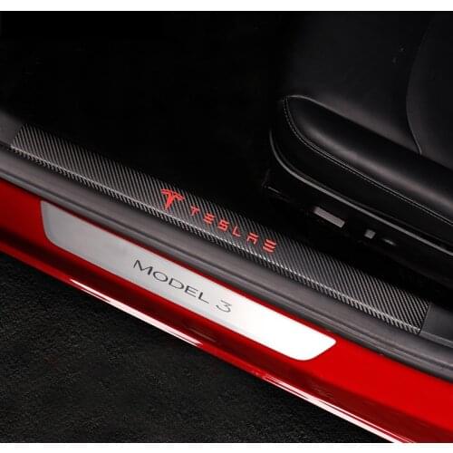 1set Carbon Fiber Leather Car Door Sill Protector Threshold Sticker Pad Anti-kick Film For Tesla Model 3 Interior Accessories