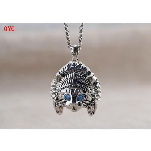2021 new S925 silver retro creative hollow design feather three-dimensional cat head necklace pendant