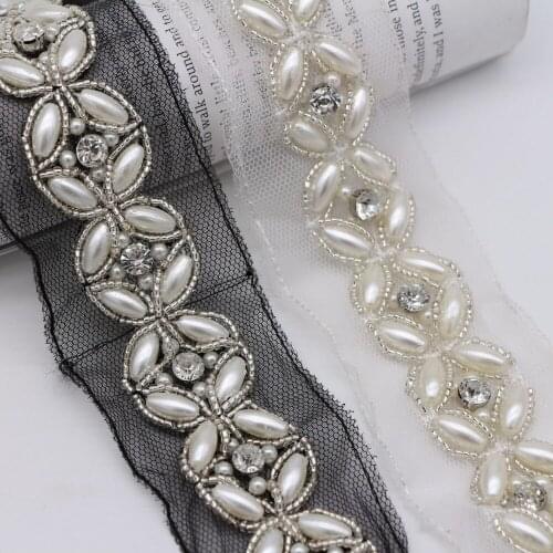 6Yards Ivory Pearl Beaded Handmade Lace Edge Trims Wedding Dress Belt Sash Ribbon Bridal Applique Fabric Sewing Craft DIY
