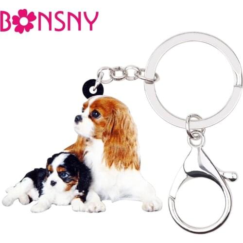 Bonsny Acrylic Cute Double Cavalier King Charles Spaniel Dog Key Chains Keychains Rings Bag Car Charms Jewelry For Women Girls
