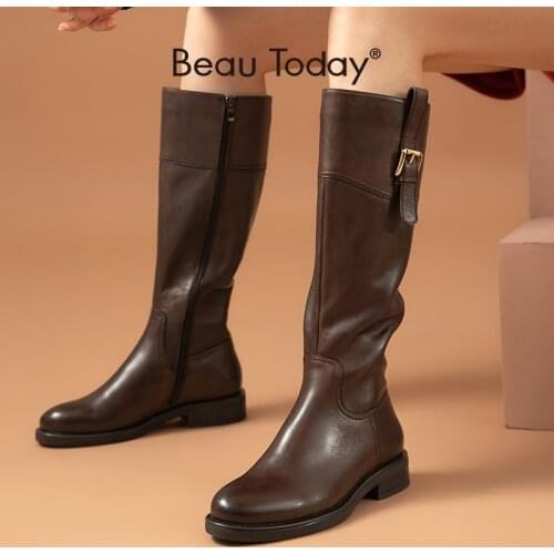 BeauToday Women Long Boots Genuine Cow Leather Metal Buckle Round Toe Shoes Zip Boots for Women Handmade 01238